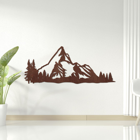 Panoramă montană din lemn pe perete cu o pădure ca decor natural modern