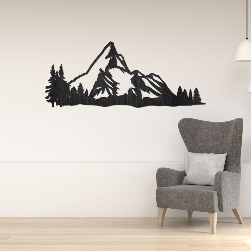 Panoramă montană din lemn pe perete cu o pădure ca decor natural modern