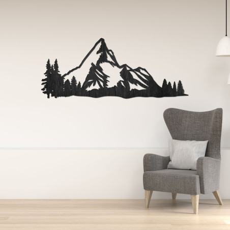 Panoramă montană din lemn pe perete cu o pădure ca decor natural modern
