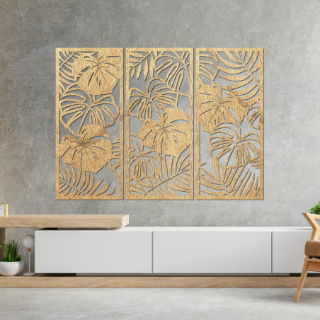 Tablou modern din lemn cu frunze tropicale de monstera pe perete