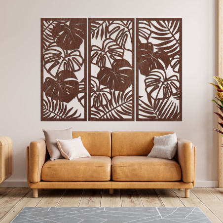 Tablou modern din lemn cu frunze tropicale de monstera pe perete