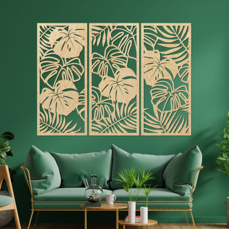 Tablou modern din lemn cu frunze tropicale de monstera pe perete