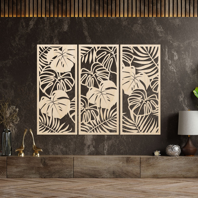 Tablou modern din lemn cu frunze tropicale de monstera pe perete