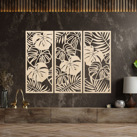 Tablou modern din lemn cu frunze tropicale de monstera pe perete