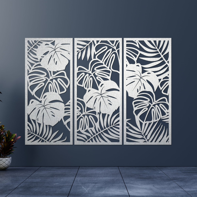 Tablou modern din lemn cu frunze tropicale de monstera pe perete