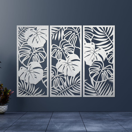 Tablou modern din lemn cu frunze tropicale de monstera pe perete