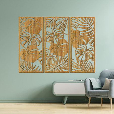Pictură modernă din lemn cu frunze tropicale pentru sufragerie