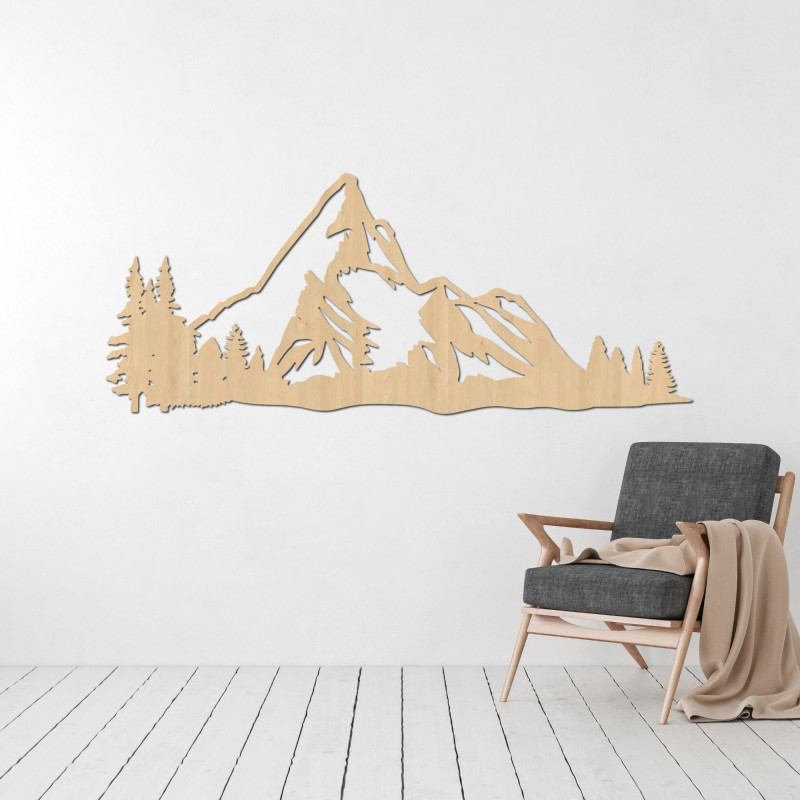 Tablou din lemn cu o panoramă montană și o pădure ca decor elegant de perete