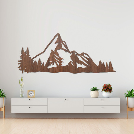 Tablou din lemn cu o panoramă montană și o pădure ca decor elegant de perete