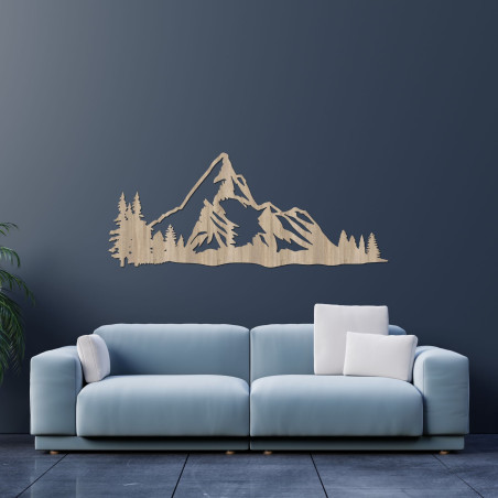 Tablou din lemn cu o panoramă montană și o pădure ca decor elegant de perete