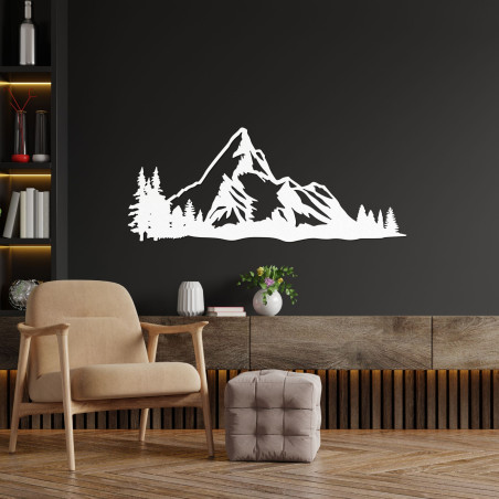 Tablou din lemn cu o panoramă montană și o pădure ca decor elegant de perete