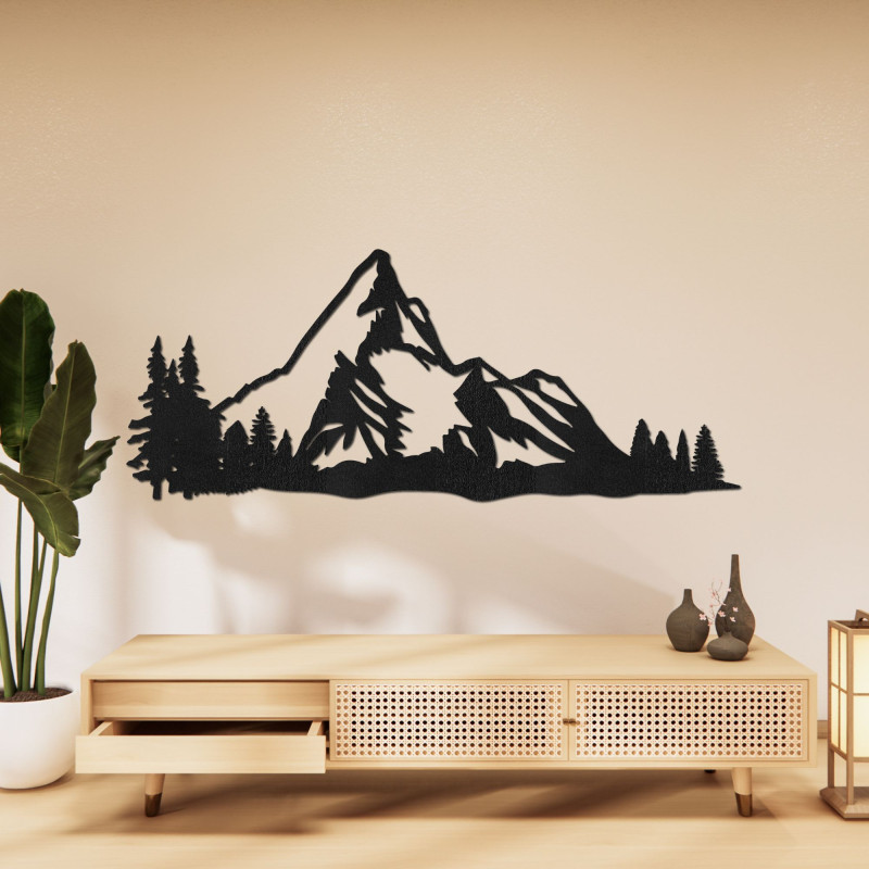 Tablou din lemn cu o panoramă montană și o pădure ca decor elegant de perete