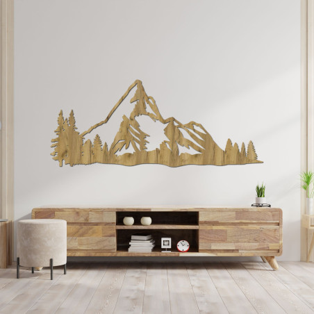 Decorațiune murală modernă din lemn cu motiv montan și peisaj natural