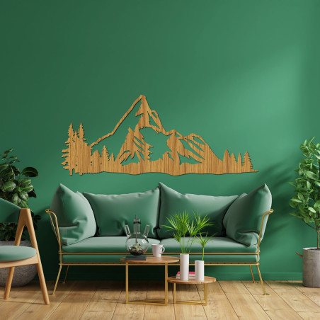 Decorațiune murală modernă din lemn cu motiv montan și peisaj natural