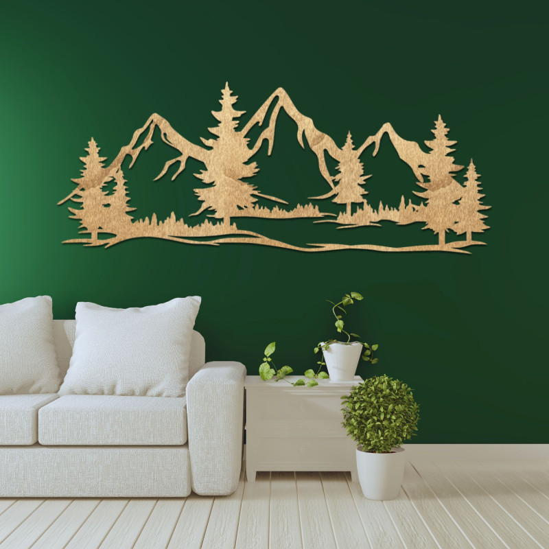 Decorațiune murală din lemn cu munți și păduri puternice