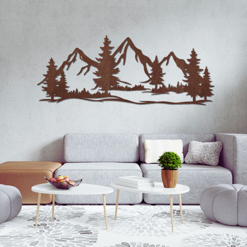Decorațiune murală din lemn cu munți și păduri puternice