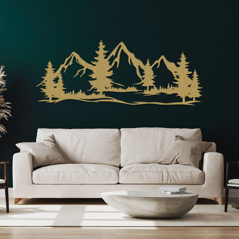 Decorațiune elegantă din lemn - panoramă a munților și copacilor