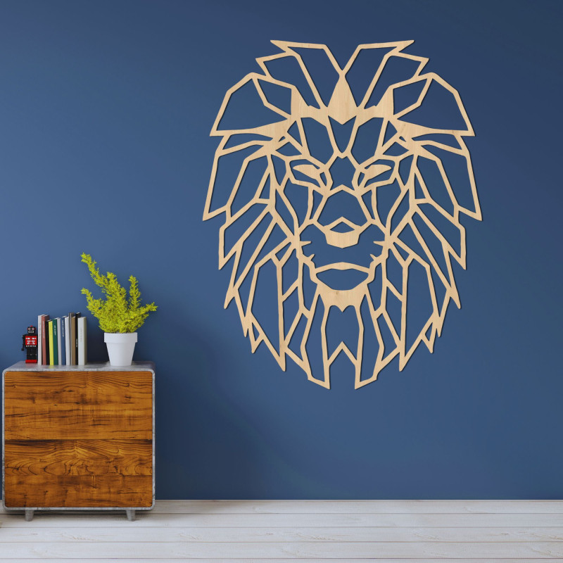 Leu modern din lemn pe perete cu design artistic geometric