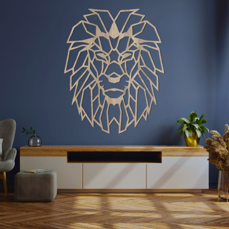 Leu modern din lemn pe perete cu design artistic geometric