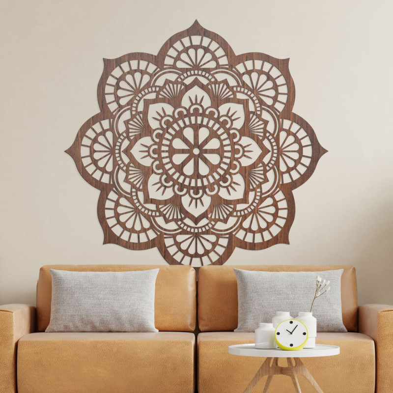 Pictură murală din lemn cu mandală și motiv de floare de lotus - LOTOIS