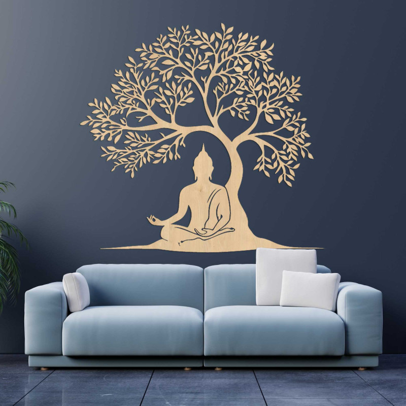 Copac al vieții din lemn cu o figură a lui Buddha meditând sub copac