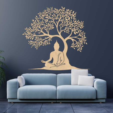 Copac al vieții din lemn cu o figură a lui Buddha meditând sub copac