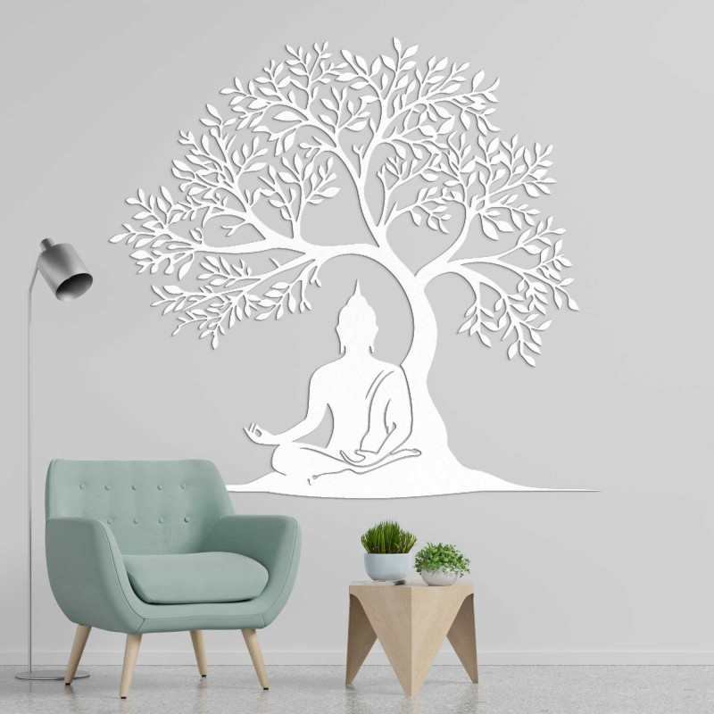 Copac al vieții din lemn cu o figură a lui Buddha meditând sub copac