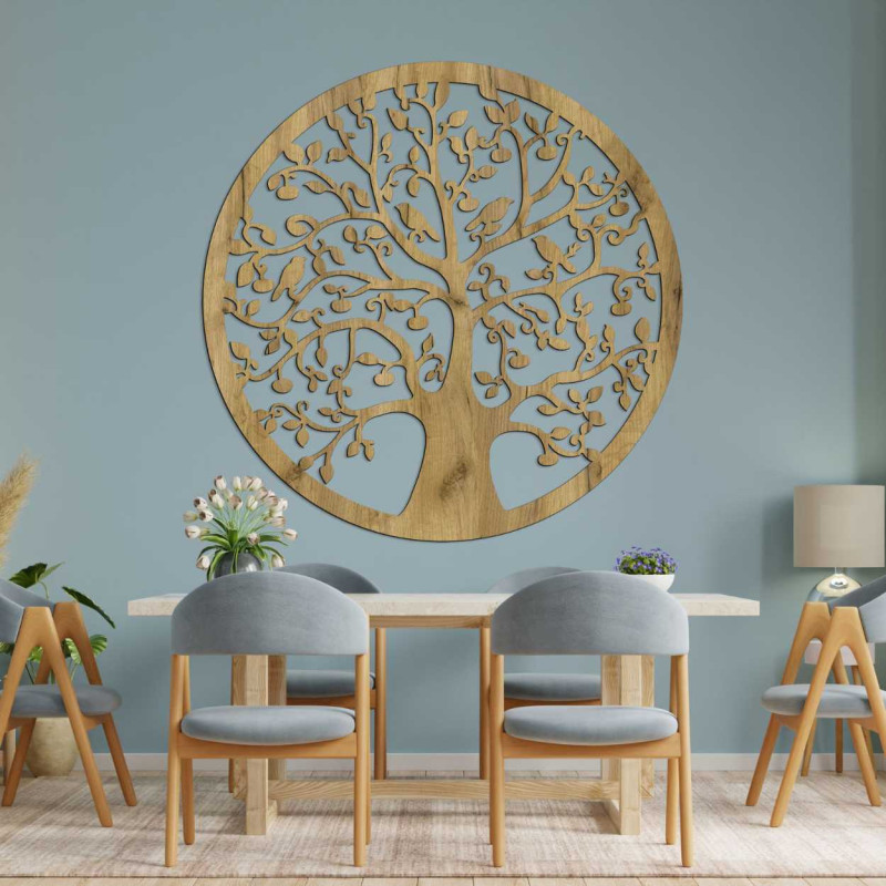 Decorațiune de perete rotundă Copacul Vieții, cu finisaj stejar maro închis.