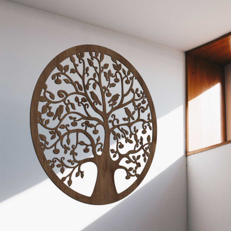 Decorațiune de perete rotundă Copacul Vieții, cu finisaj stejar maro închis.