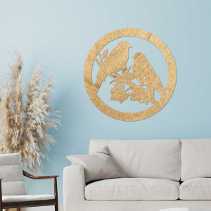 Pictură murală din lemn cu păsări pe o creangă 2