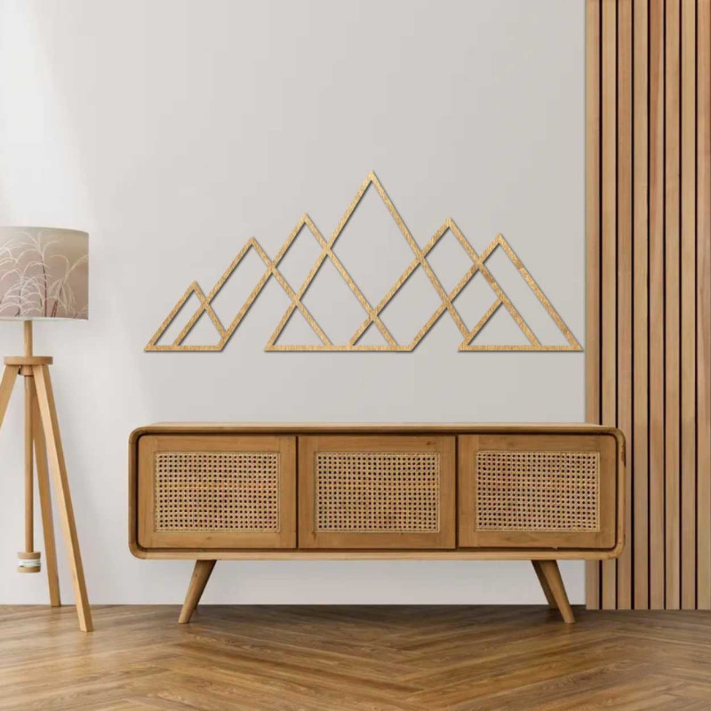 Pictură geometrică cu munte - decor mural din lemn în stil modern pentru iubitorii de natură și minimalism.