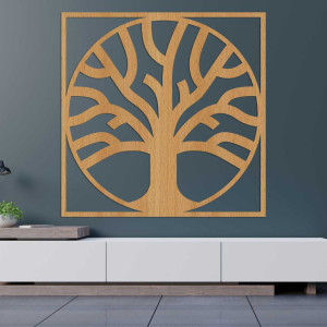 Copac minimalist al vieții sculptat din lemn de calitate într-o ramă circulară.
