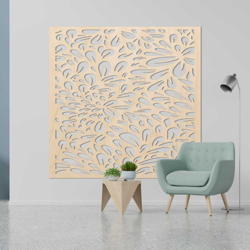 Un perete de design cu motiv laser al unei flori înflorite, realizat din lemn.