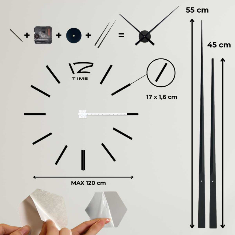 Ceas de perete adeziv cu oglindă, ceas de perete DIY de lux cu detalii aurii și design minimalist