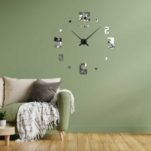 Ceas de perete cu inscripția TIME sub numărul doisprezece și un stil numeric modern. 2