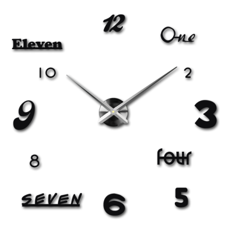 Ceas de perete cu cifre îndrăznețe în diferite fonturi pentru un aspect modern.