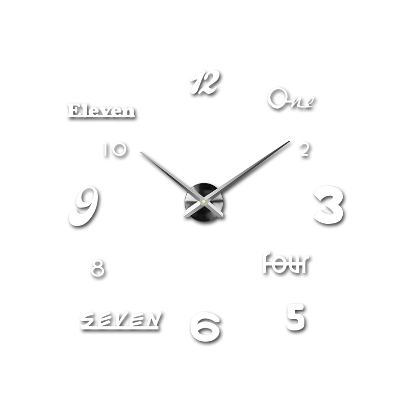 Ceas de perete de design, cu o combinație de numere și cuvinte într-un aranjament creativ.