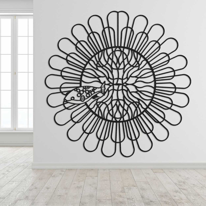 Decorațiune murală modernă cu curbe delicate și un design abstract central.
