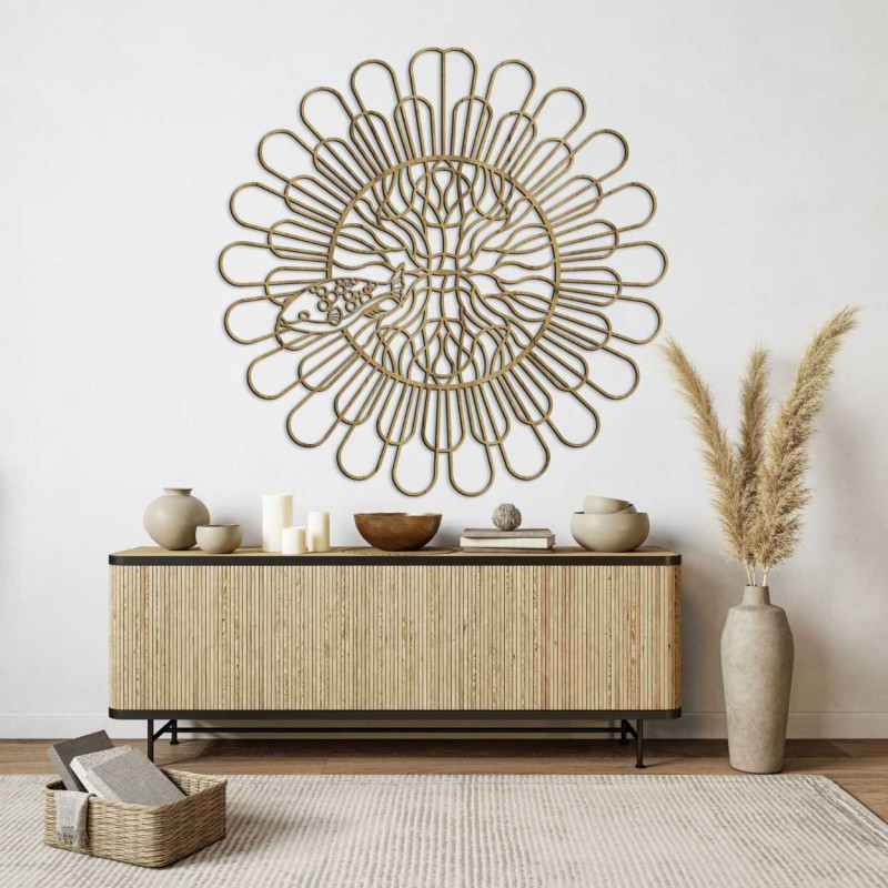 Decorațiune murală modernă cu curbe delicate și un design abstract central.