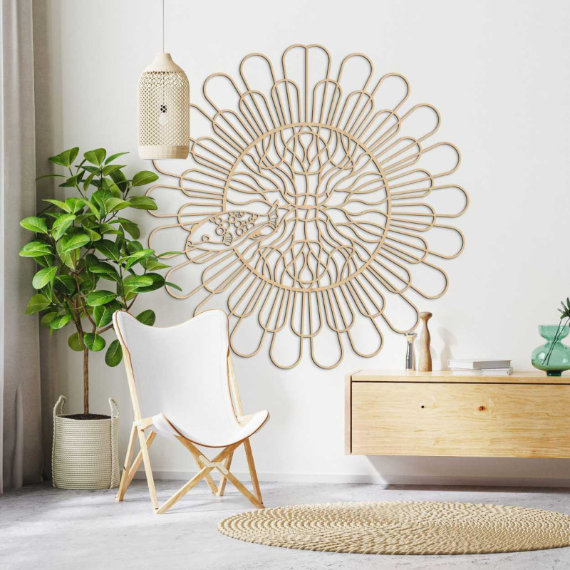 Decorațiune murală modernă cu curbe delicate și un design abstract central.