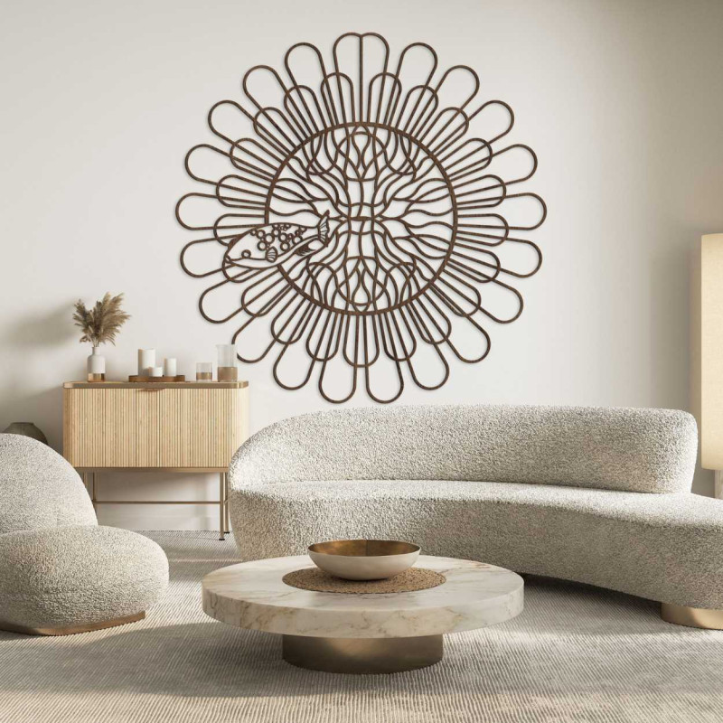 Decorațiune murală modernă cu curbe delicate și un design abstract central.