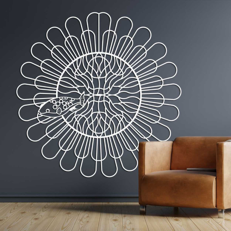 Decorațiune murală modernă cu curbe delicate și un design abstract central.