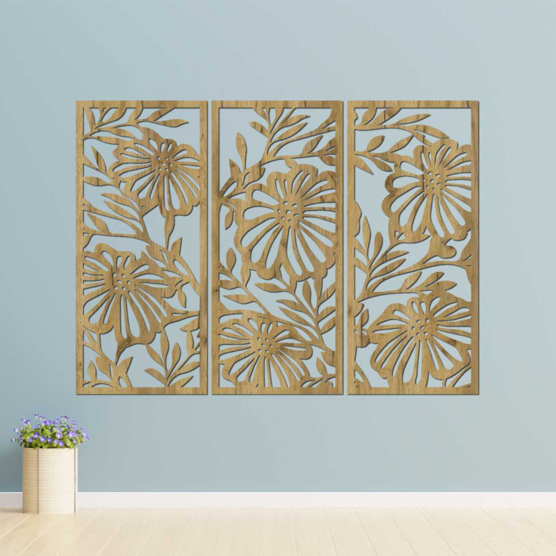 Decorațiune murală elegantă cu motiv de flori și frunze într-un design delicat.