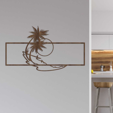 Decupaj minimalist al unei plaje cu palmieri într-o ramă dreptunghiulară.