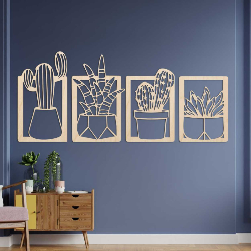 Decorațiune murală din lemn cu patru motive de suculente și cactuși în ghivece