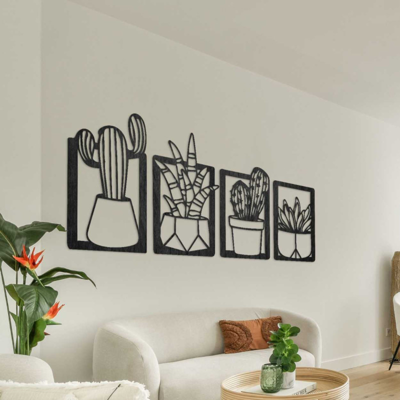 Decorațiune murală din lemn cu patru motive de suculente și cactuși în ghivece