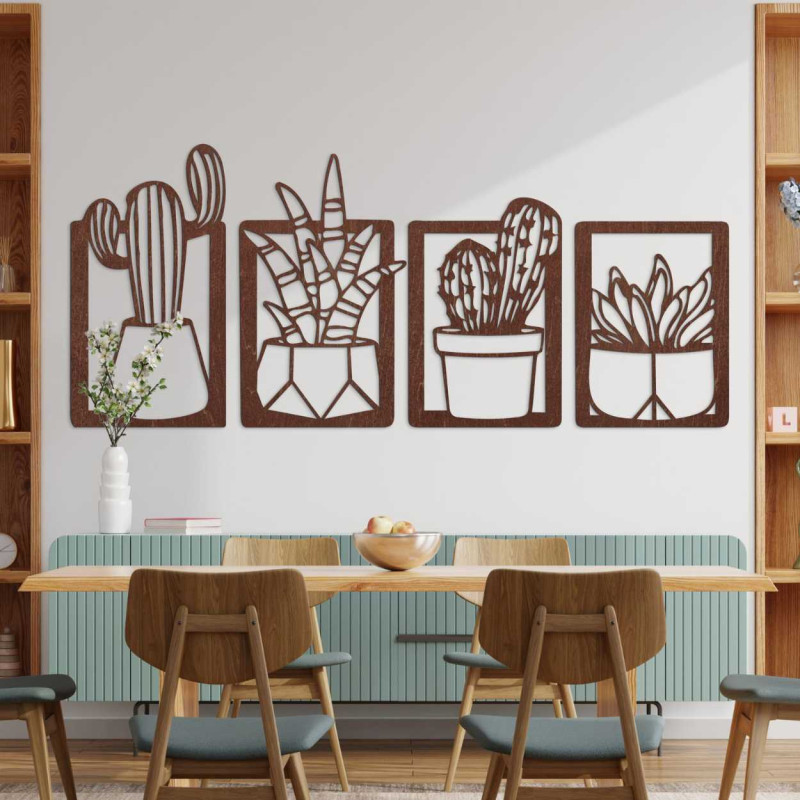 Decorațiune murală din lemn cu patru motive de suculente și cactuși în ghivece