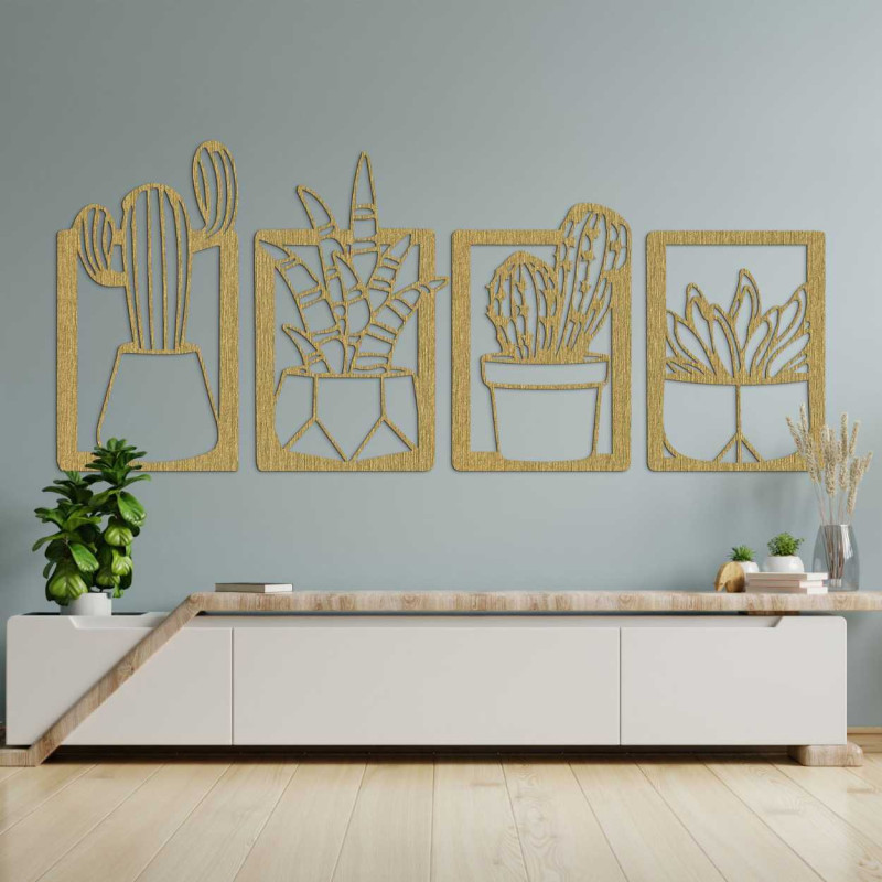 Decorațiune murală din lemn cu patru motive de suculente și cactuși în ghivece
