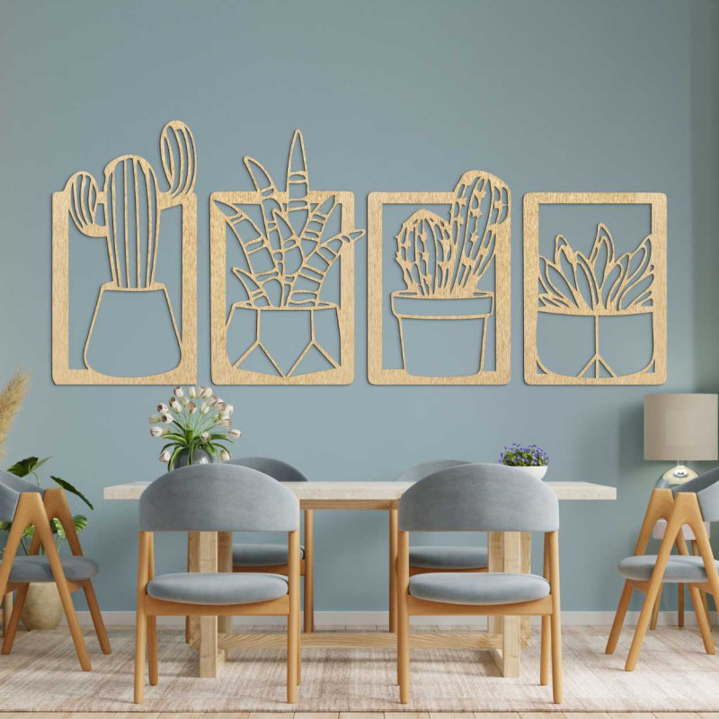 Decorațiune murală din lemn cu patru motive de suculente și cactuși în ghivece