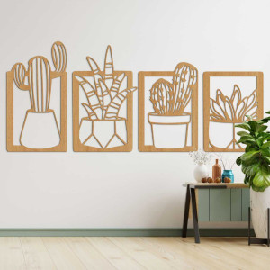 Decorațiune murală din lemn cu patru motive de suculente și cactuși în ghivece